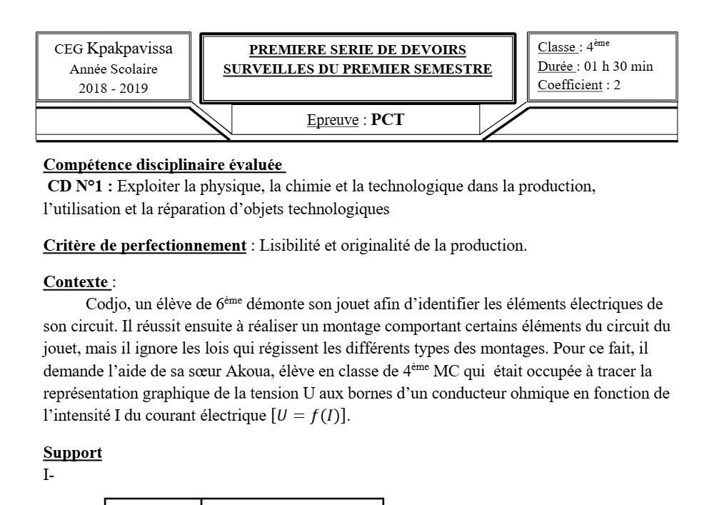 Aperçu de la première page — 4e PCT Devoir 1 Semestre 1 CEG Kpakpavissa 2018 2019