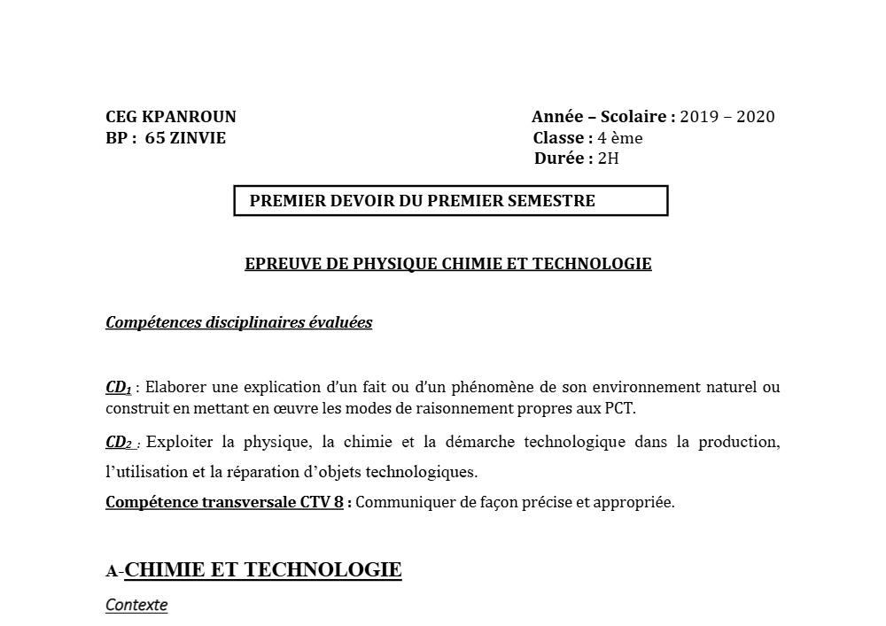 Aperçu de la première page — 4e PCT Devoir 1 Semestre 1 CEG Kpanroun 2019 2020