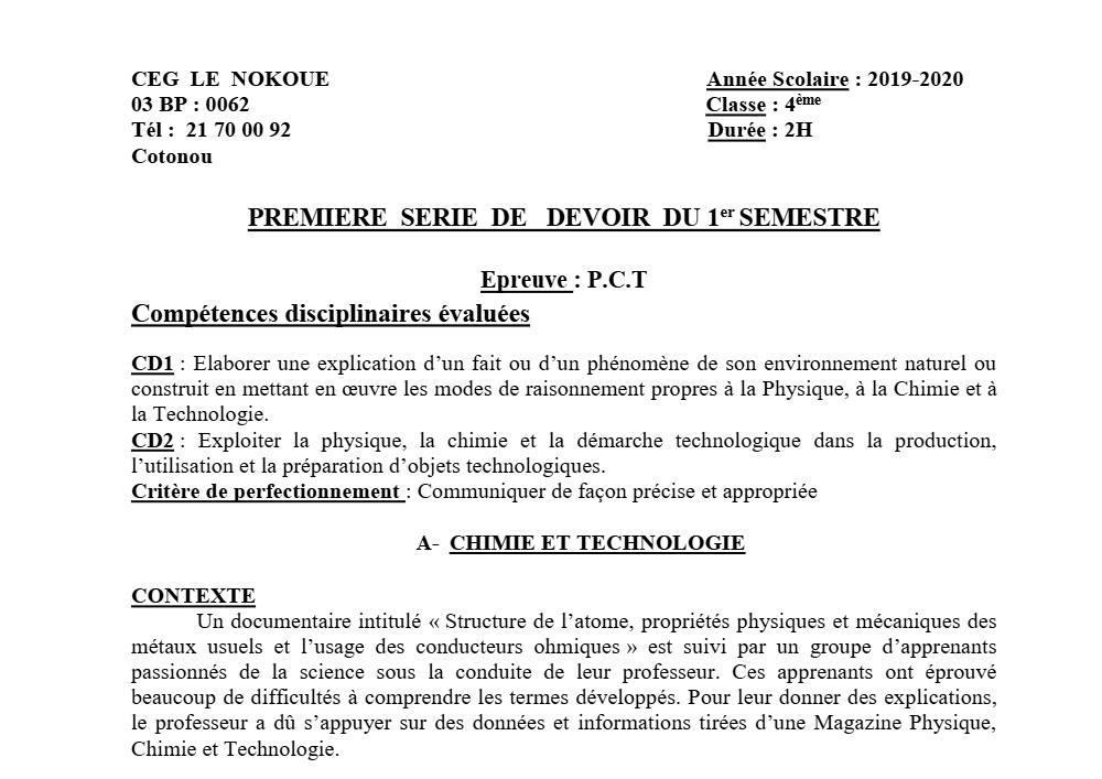 Aperçu de la première page — 4e PCT Devoir 1 Semestre 1 CEG Le Nokoué 2019 2020