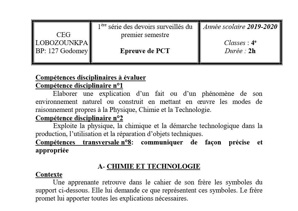 Aperçu de la première page — 4e PCT Devoir 1 Semestre 1 CEG Lobozounkpa 2019 2020