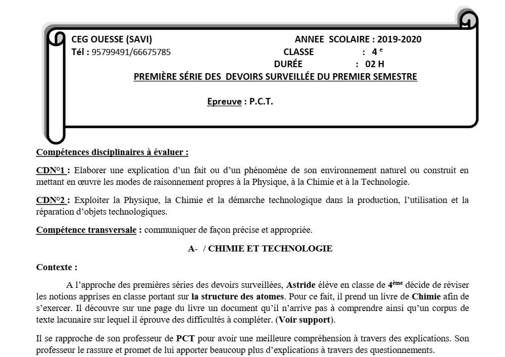 Aperçu de la première page — 4e PCT Devoir 1 Semestre 1 CEG Ouesse 2019 2020