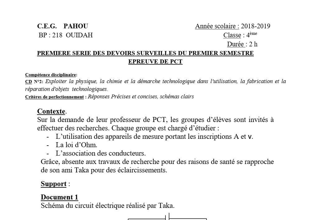 Aperçu de la première page — 4e PCT Devoir 1 Semestre 1 CEG Pahou 2018 2019