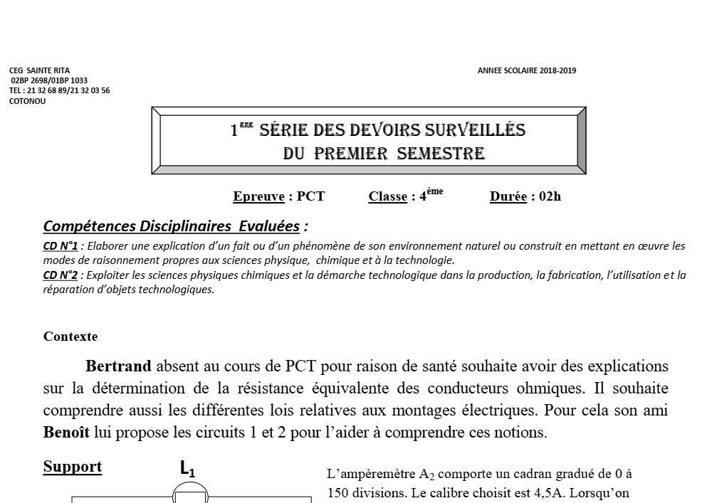 Aperçu de la première page — 4e PCT Devoir 1 Semestre 1 CEG Sainte Rita 2018 2019