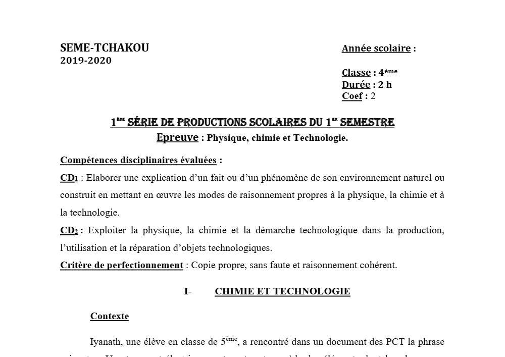 Aperçu de la première page — 4e PCT Devoir 1 Semestre 1 CEG Seme Tchakou 2019 2020