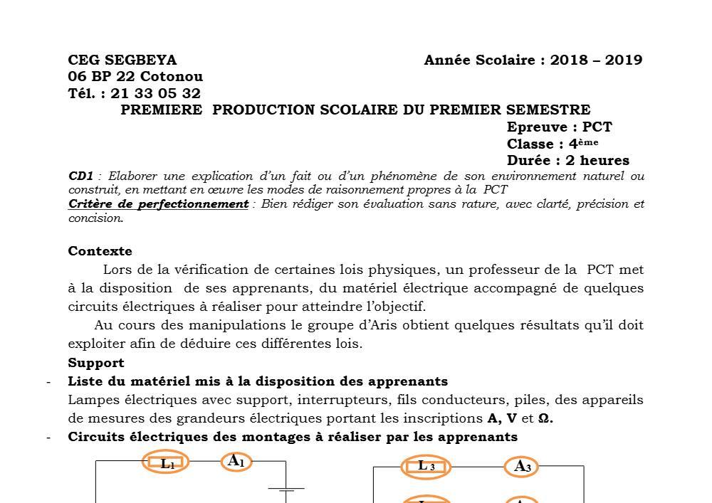Aperçu de la première page — 4e PCT Devoir 1 Semestre 1 CEG Ségbéya 2018 2019