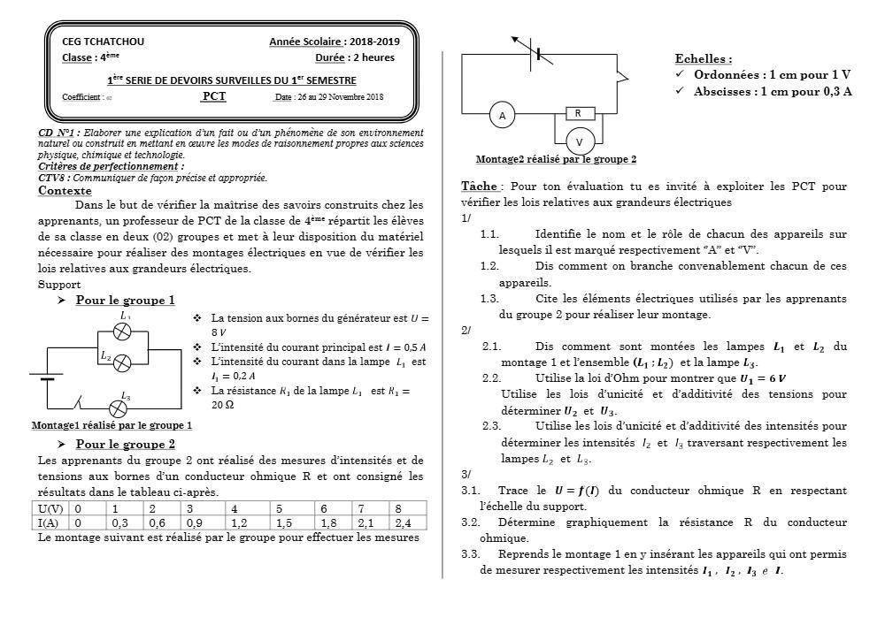 Aperçu de la première page — 4e PCT Devoir 1 Semestre 1 CEG Tchatchou 2018 2019