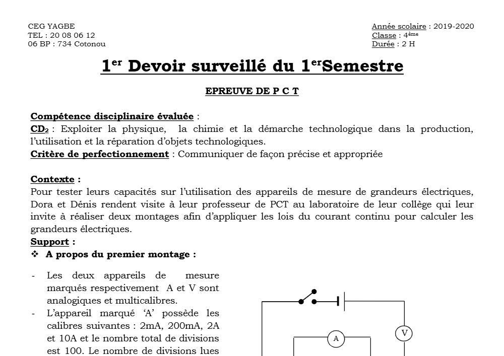 Aperçu de la première page — 4e PCT Devoir 1 Semestre 1 CEG Yagbe 2019 2020