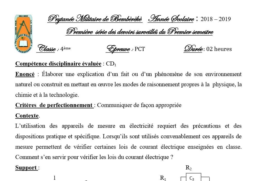 Aperçu de la première page — 4e PCT Devoir 1 Semestre 1 Prytanee Militaire de Bembereke 2018 2019