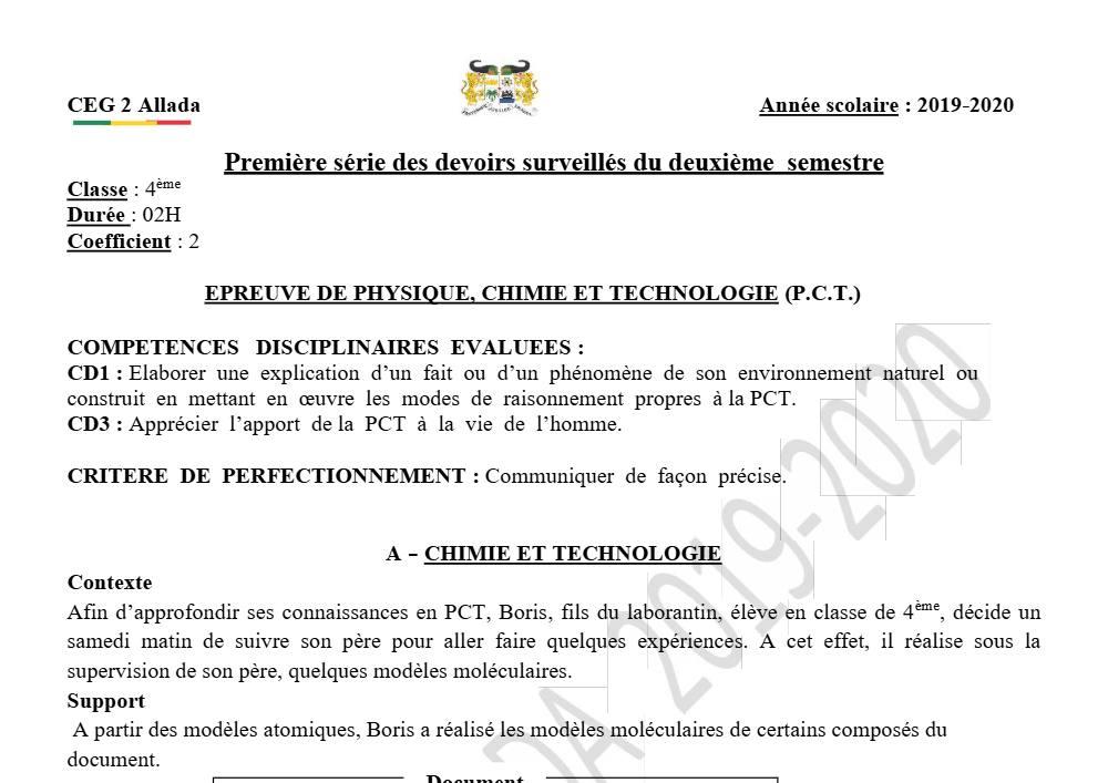 Aperçu de la première page — 4e PCT Devoir 1 Semestre 2 CEG2 Allada 2019 2020