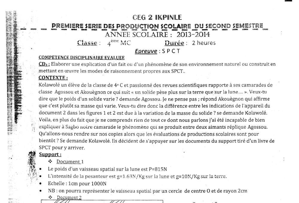 Aperçu de la première page — 4e PCT Devoir 1 Semestre 2 CEG2 Ikpinlè 2013 2014