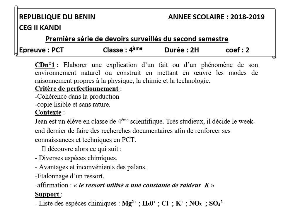 Aperçu de la première page — 4e PCT Devoir 1 Semestre 2 CEG2 Kandi 2018 2019