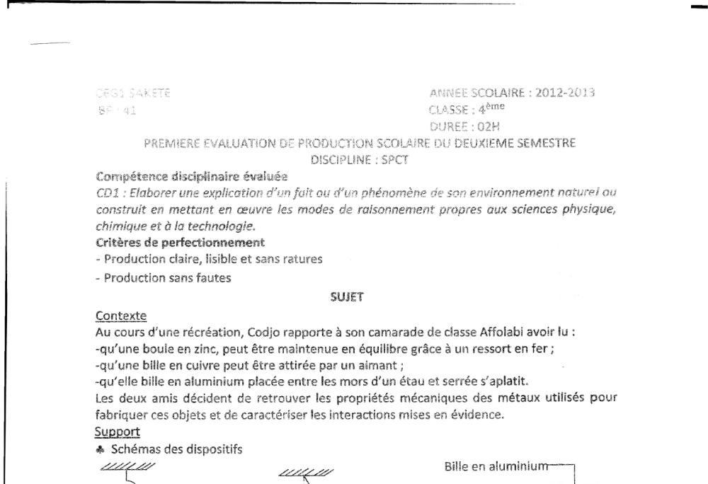 Aperçu de la première page — 4e PCT Devoir 1 Semestre 2 CEG2 Sakete 2012 2013