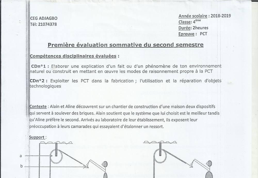 Aperçu de la première page — 4e PCT Devoir 1 Semestre 2 CEG Adjagbo 2018 2019
