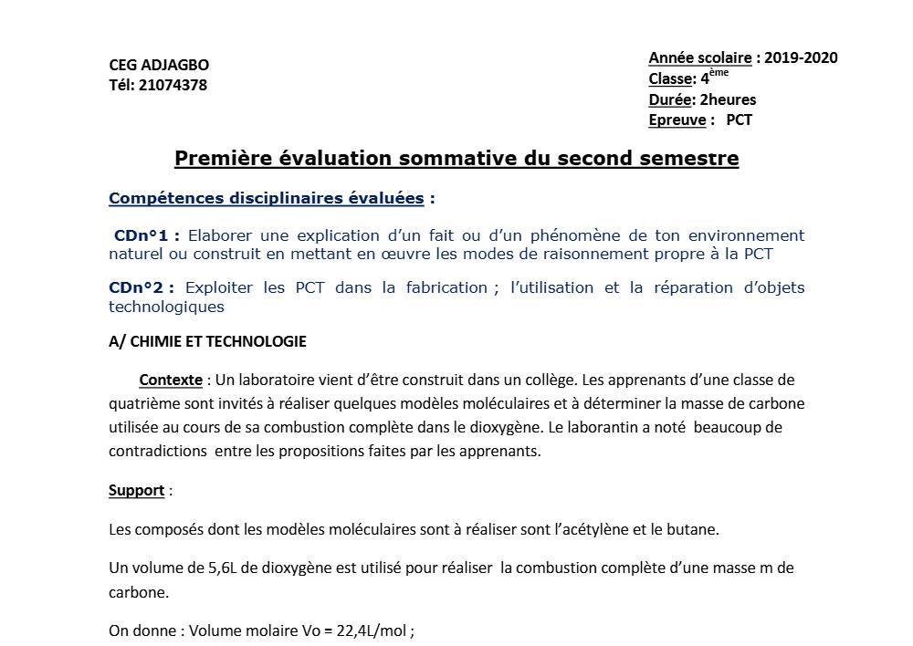 Aperçu de la première page — 4e PCT Devoir 1 Semestre 2 CEG Adjagbo 2019 2020