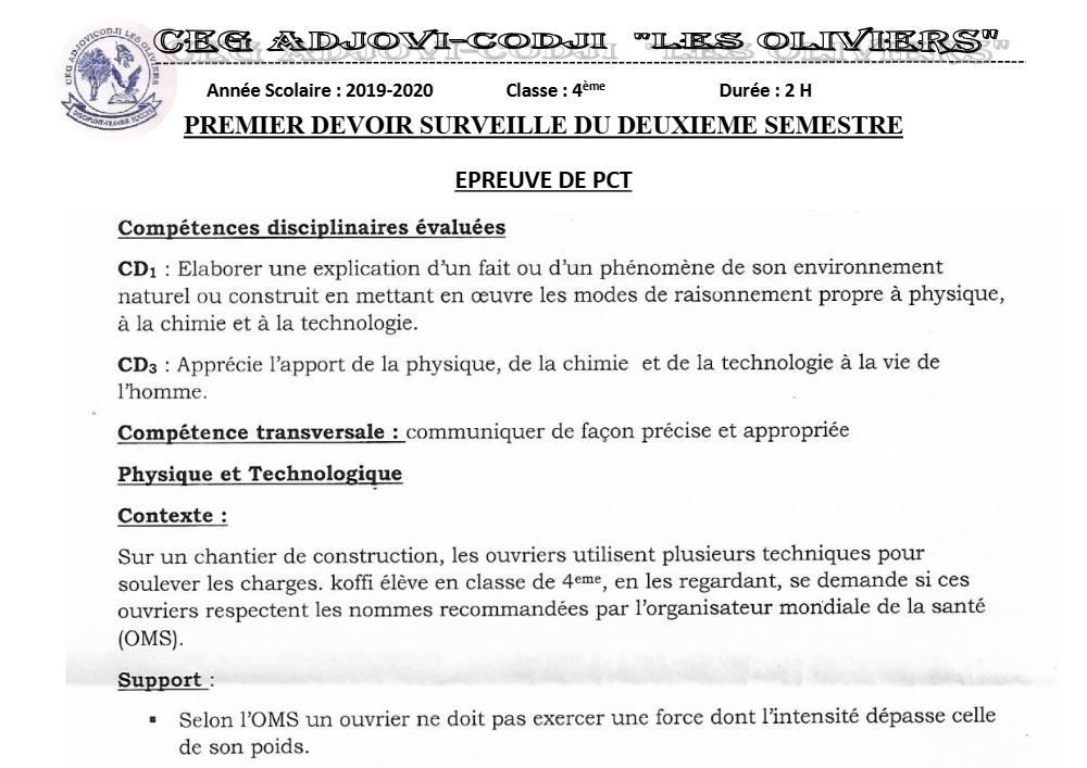 Aperçu de la première page — 4e PCT Devoir 1 Semestre 2 CEG Adjovi Codji 2019 2020