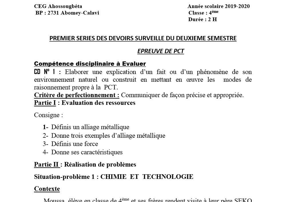 Aperçu de la première page — 4e PCT Devoir 1 Semestre 2 CEG Ahossougbéta 2019 2020