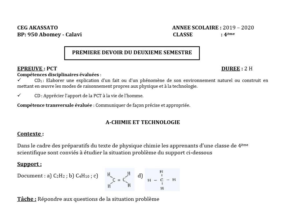 Aperçu de la première page — 4e PCT Devoir 1 Semestre 2 CEG Akassato 2019 2020