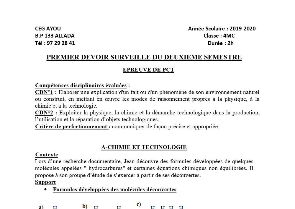 Aperçu de la première page — 4e PCT Devoir 1 Semestre 2 CEG Ayou 2019 2020