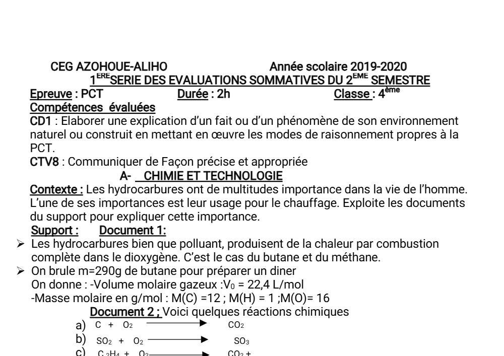 Aperçu de la première page — 4e PCT Devoir 1 Semestre 2 CEG Azohoue Aliho 2019 2020