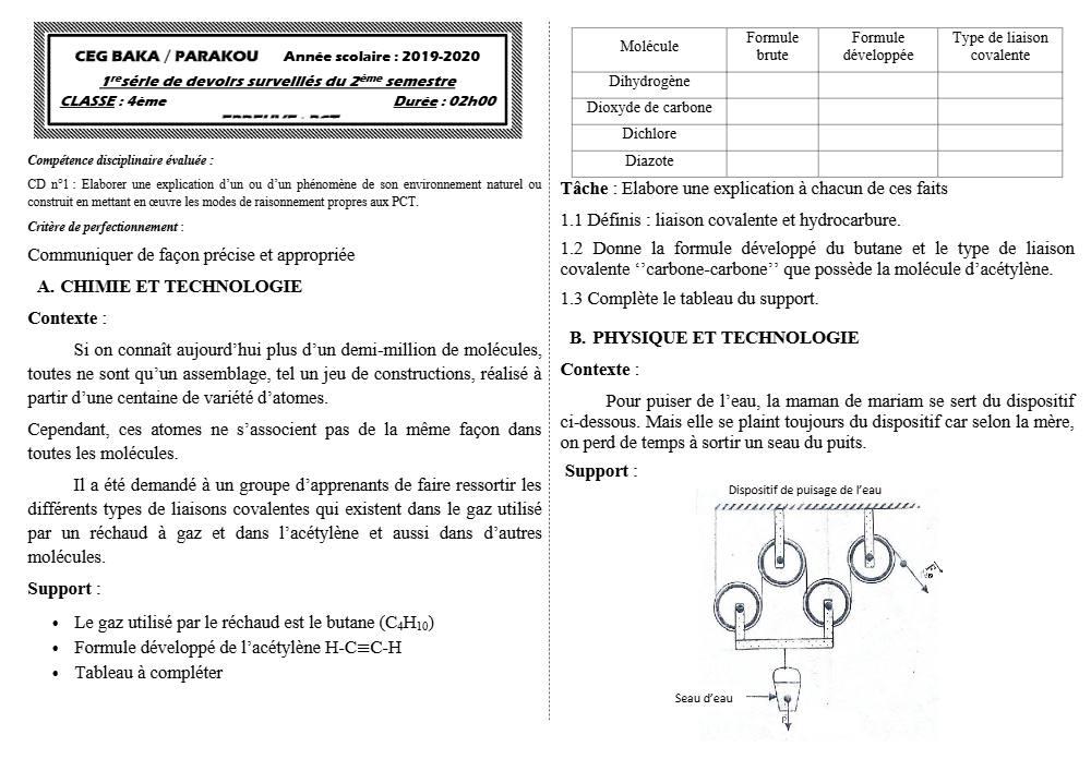 Aperçu de la première page — 4e PCT Devoir 1 Semestre 2 CEG Baka 2019 2020