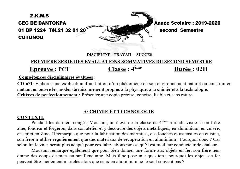 Aperçu de la première page — 4e PCT Devoir 1 Semestre 2 CEG Dantokpa 2019 2020 (2)