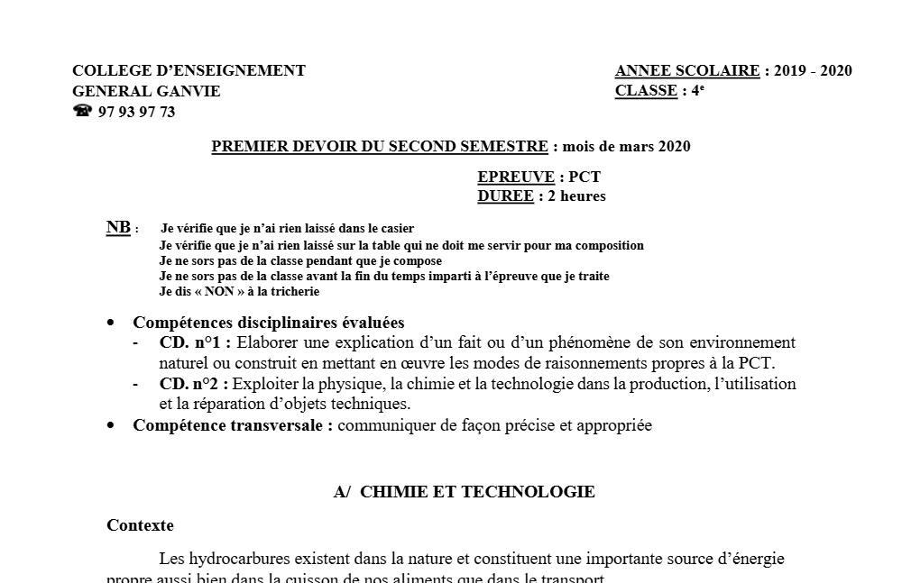 Aperçu de la première page — 4e PCT Devoir 1 Semestre 2 CEG Ganvie 2019 2020