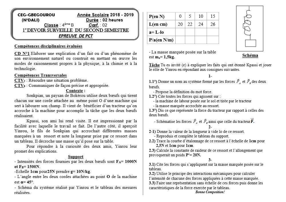 Aperçu de la première page — 4e PCT Devoir 1 Semestre 2 CEG Gbegourou 2018 2019