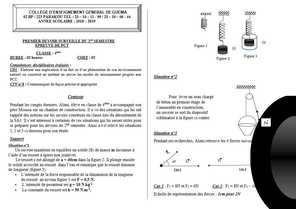 Aperçu de la première page — 4e PCT Devoir 1 Semestre 2 CEG Guema 2018 2019