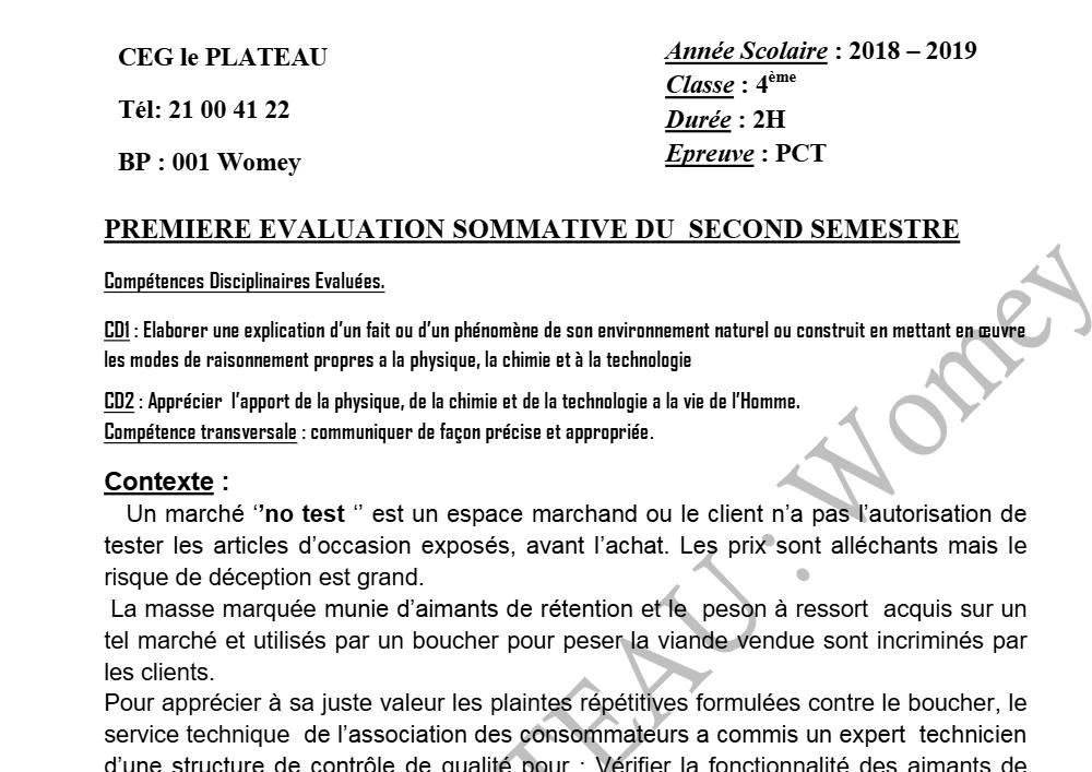 Aperçu de la première page — 4e PCT Devoir 1 Semestre 2 CEG Le Plateau 2018 2019