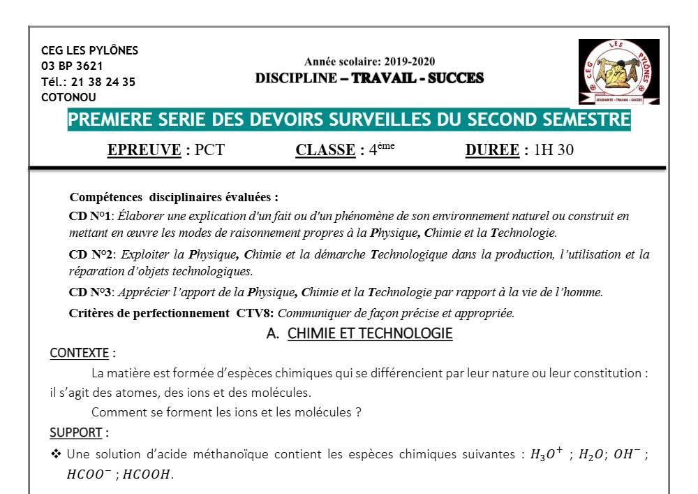 Aperçu de la première page — 4e PCT Devoir 1 Semestre 2 CEG Les Pylônes 2019 2020