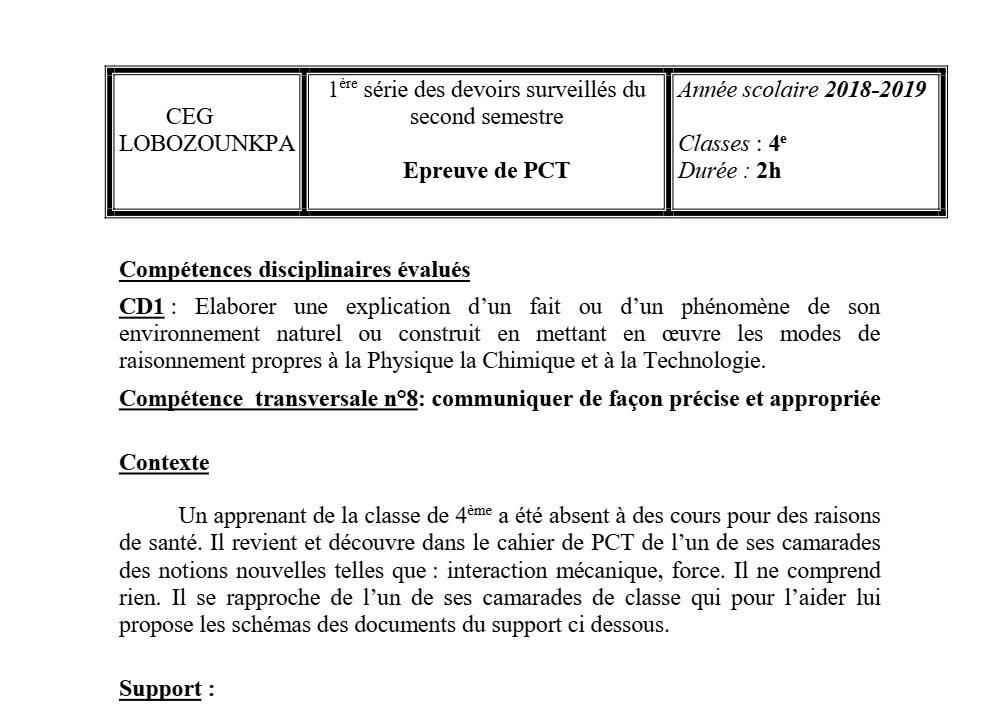 Aperçu de la première page — 4e PCT Devoir 1 Semestre 2 CEG Lobozounkpa 2018 2019