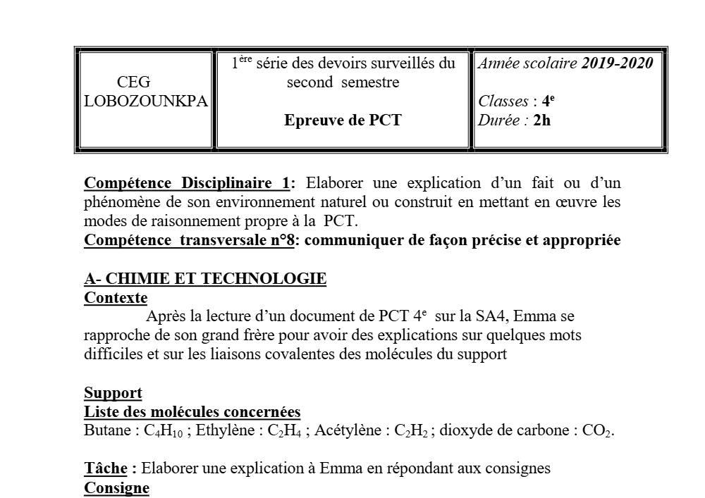 Aperçu de la première page — 4e PCT Devoir 1 Semestre 2 CEG Lobozounkpa 2019 2020