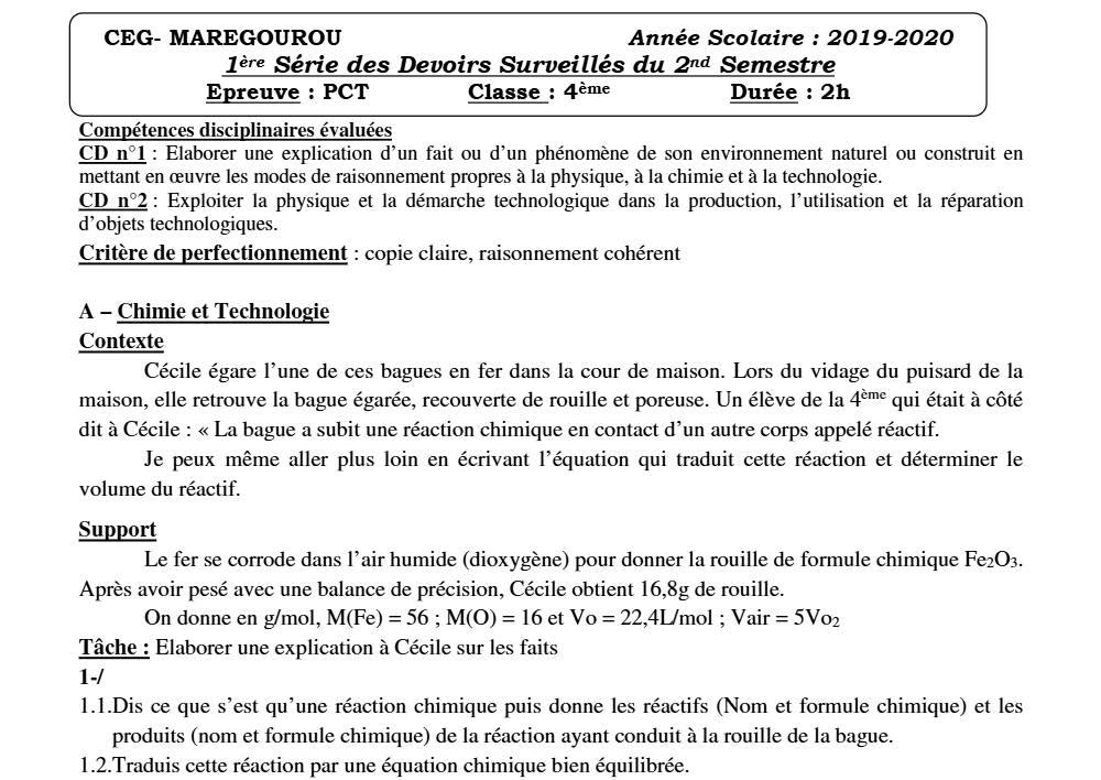 Aperçu de la première page — 4e PCT Devoir 1 Semestre 2 CEG Maregourou 2019 2020