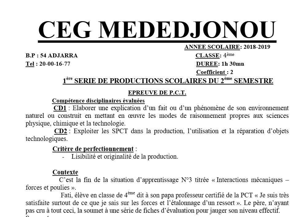 Aperçu de la première page — 4e PCT Devoir 1 Semestre 2 CEG Mededjonou 2018 2019