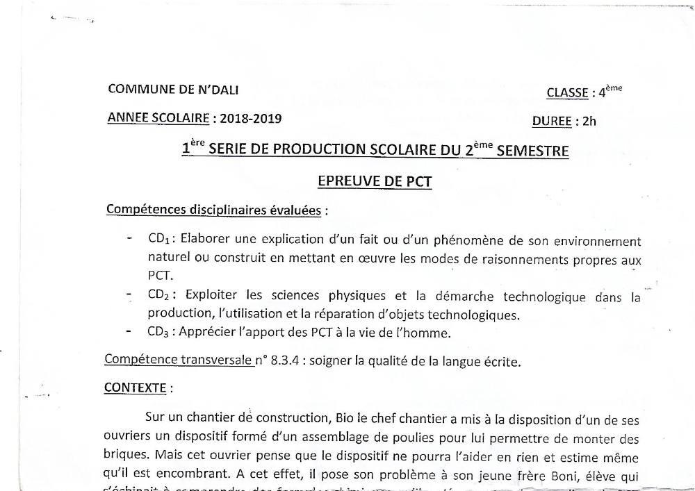 Aperçu de la première page — 4e PCT Devoir 1 Semestre 2 CEG N'Dali 2018 2019