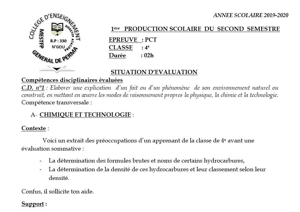 Aperçu de la première page — 4e PCT Devoir 1 Semestre 2 CEG Perma 2019 2020