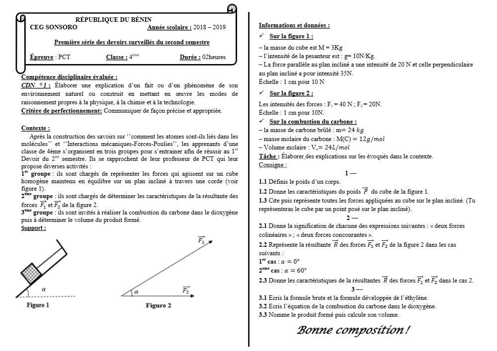 Aperçu de la première page — 4e PCT Devoir 1 Semestre 2 CEG Sonsoro 2018 2019