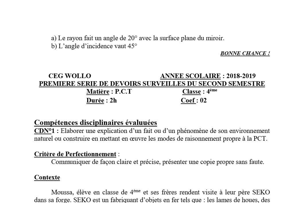 Aperçu de la première page — 4e PCT Devoir 1 Semestre 2 CEG Wollo 2018 2019