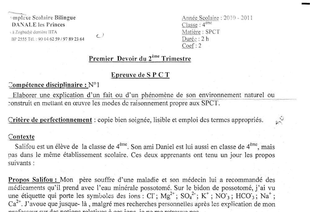 Aperçu de la première page — 4e PCT Devoir 1 Trimestre 2 Csb Danale Les Princes 2010 2011