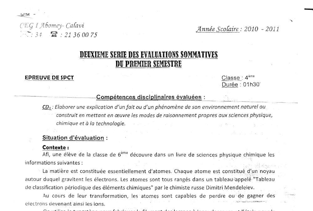 Aperçu de la première page — 4e PCT Devoir 2 Semestre 1 CEG1 Abomey Calavi 2010 2011