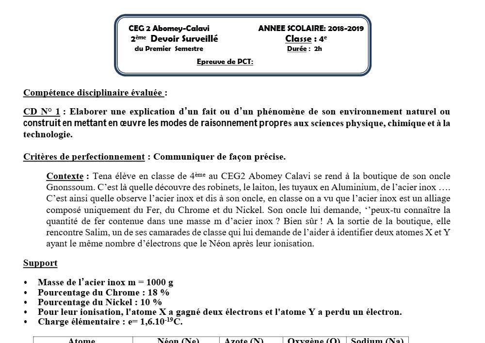 Aperçu de la première page — 4e PCT Devoir 2 Semestre 1 CEG2 Abomey Calavi 2018 2019