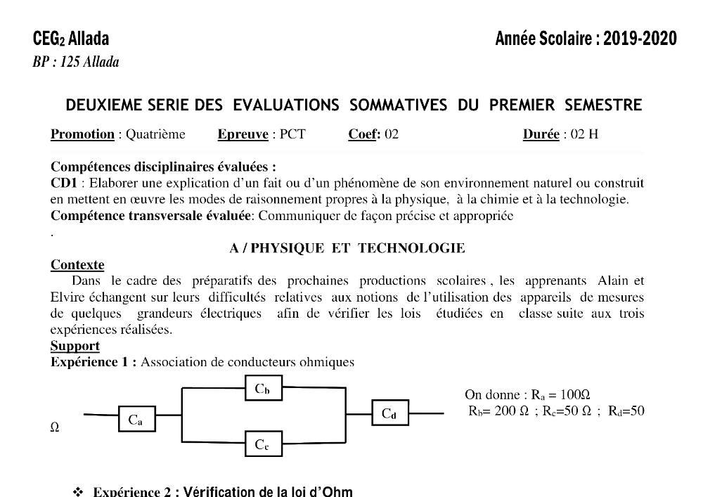 Aperçu de la première page — 4e PCT Devoir 2 Semestre 1 CEG2 Allada 2019 2020