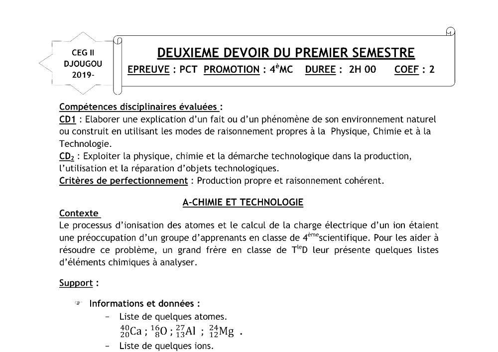 Aperçu de la première page — 4e PCT Devoir 2 Semestre 1 CEG2 Djougou 2019 2020