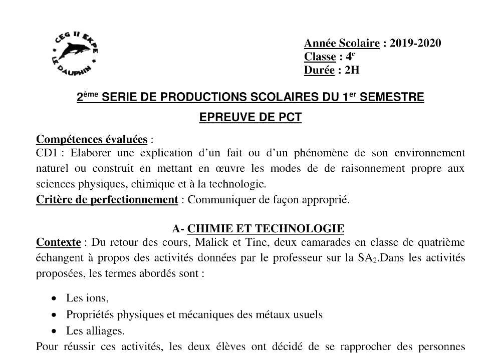 Aperçu de la première page — 4e PCT Devoir 2 Semestre 1 CEG2 Ekpe 2019 2020