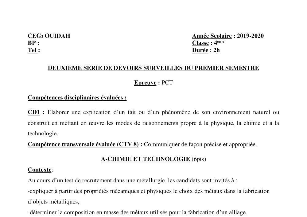 Aperçu de la première page — 4e PCT Devoir 2 Semestre 1 CEG2 Ouidah 2019 2020