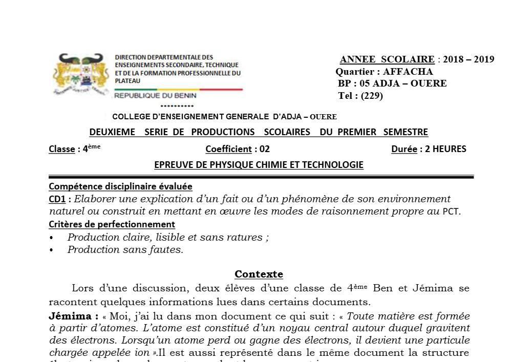 Aperçu de la première page — 4e PCT Devoir 2 Semestre 1 CEG Adja Ouere 2018 2019