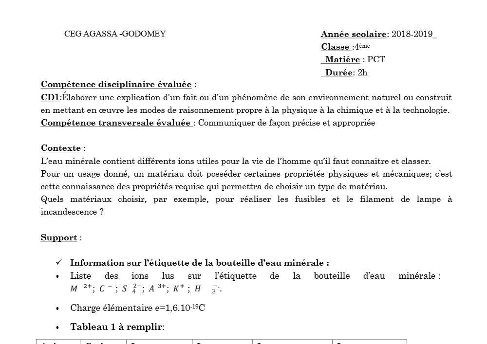Aperçu de la première page — 4e PCT Devoir 2 Semestre 1 CEG Agassa Godomey 2018 2019