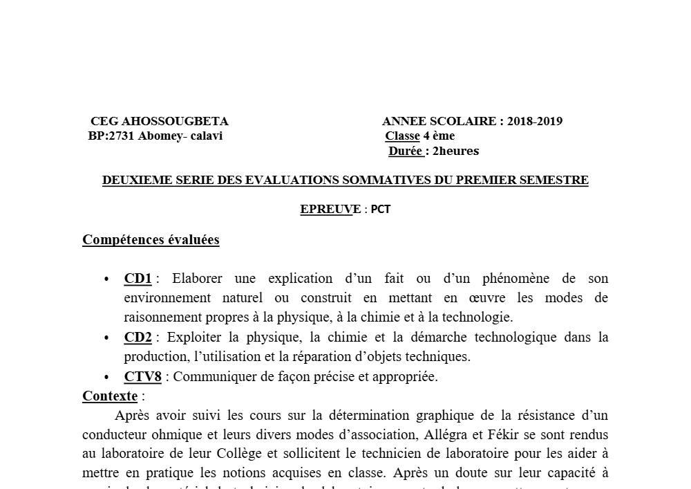 Aperçu de la première page — 4e PCT Devoir 2 Semestre 1 CEG Ahossougbéta 2018 2019