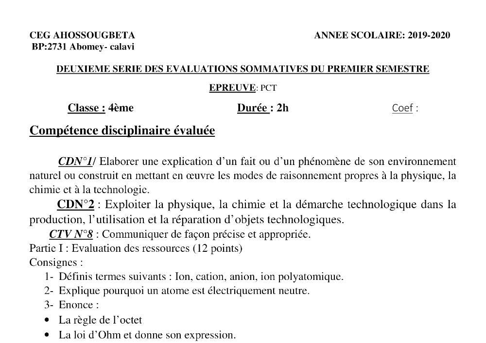 Aperçu de la première page — 4e PCT Devoir 2 Semestre 1 CEG Ahossougbéta 2019 2020