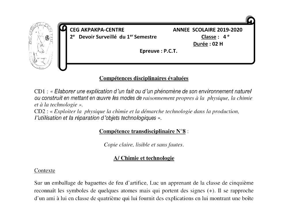 Aperçu de la première page — 4e PCT Devoir 2 Semestre 1 CEG Akpakpa 2019 2020